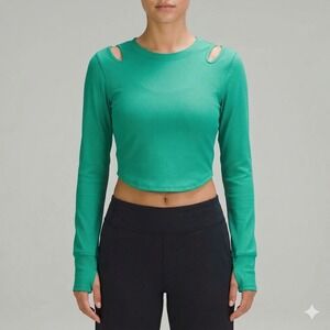 Move Theology Green Ribbed Long Sleeve Crop Top Shoulder Cutouts Thumbholes M